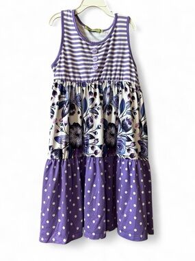 Girls' Purple Mixed-Pattern Sleeveless Tiered Dress